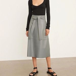 Vince Topstitched Belted Lambskin Leather A Line Midi Skirt Sea Stone Gray 4 NWT